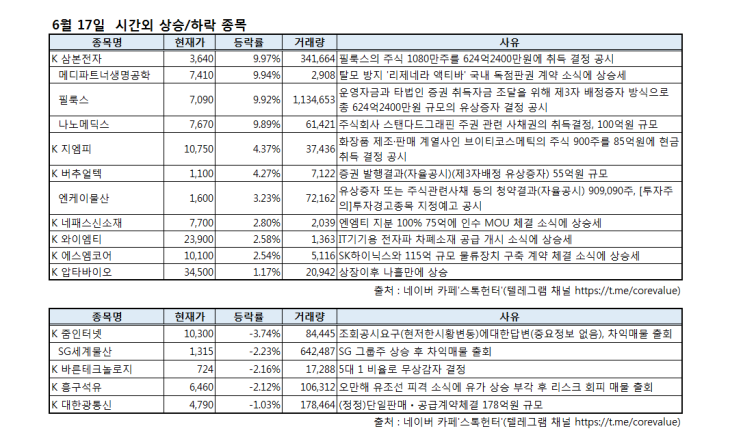 6월 17일 시간외특징주(삼본전자,메디파트너생명공학,필룩스,나노메딕스,지엠피,버추얼텍,엔케이물산,네패스신소재,와이엠티,에스엠코어,압타바이오,줌인터넷,SG세계물산,바른테크놀로지)