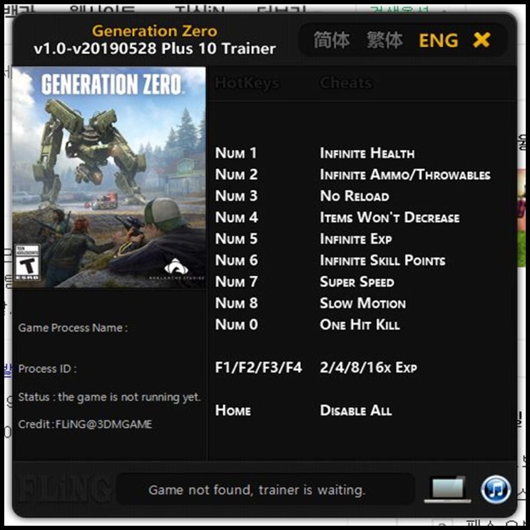  제너레이션 제로 트레이너 v1.0 +10 (Generation Zero Trainer v1.0 +10) 3DM 2019-05-28