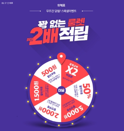 '위메프 더블특가' 룰렛 돌리고 50% 파격 할인받자, 참여방법은? '위메프 더블특가' 룰렛 돌리고 50% 파격 할인받자, 참여방법은?