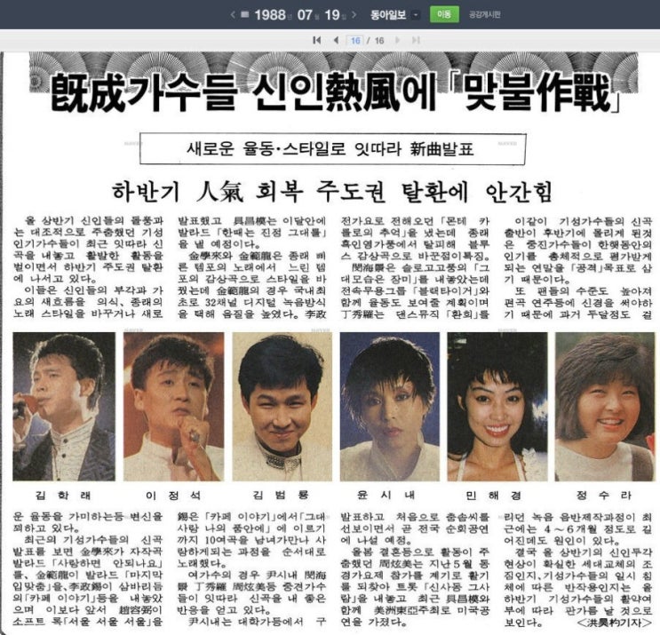  기성가수들 신인열풍에 맞불작전 '김학래 이정석 김범룡 윤시내 민해경 정수라', 1988.07.19