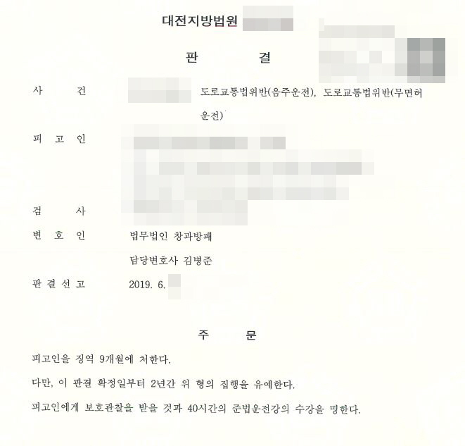  네번째음주운전과 세번의 무면허운전  집행유예 선고 사례