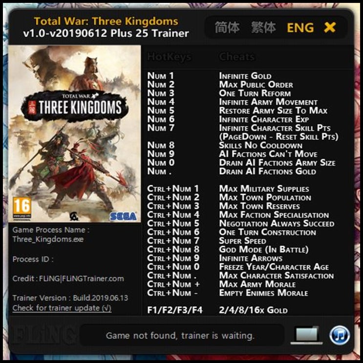  토탈 워-삼국지 트레이너 V1.0 +25 (Total War-THREE KINGDOMS Trainer v1.0 +25) 3DM 2019-06-12