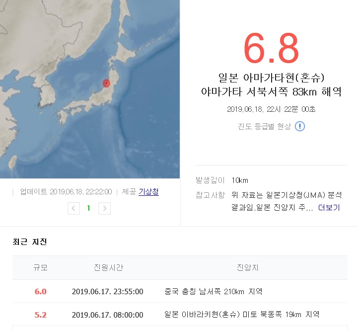 일본 지진 강도 6.8 강진발생!!