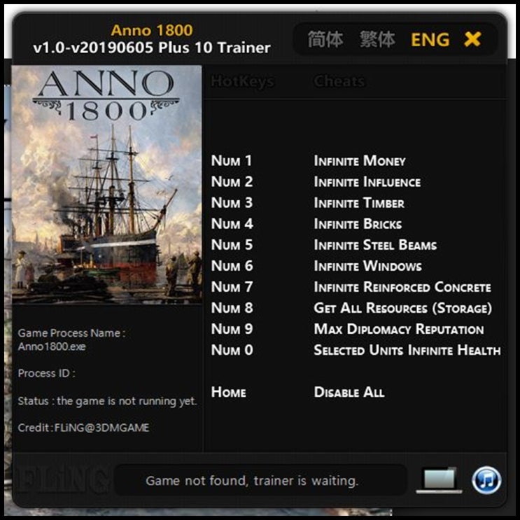  아노 1800 트레이너 v1.0 +10 (Anno 1800 Trainer v1.0 +10) 3DM 2019-06-05