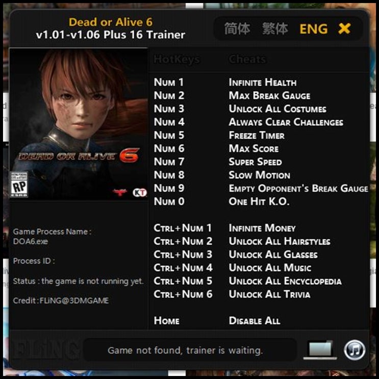  데드 오어 얼라이브 6 트레이너 v1.01-v1.06 +16 (Dead or Alive 6 Trainer v1.01-v1.06 +16) 3DM 2019-06-20