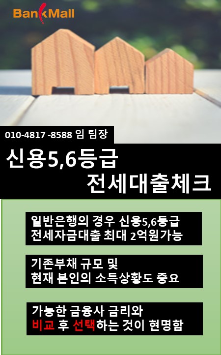  전세자금대출 신용등급 5등급 6등급은 은행,보험사 최대 2억원까지만 가능