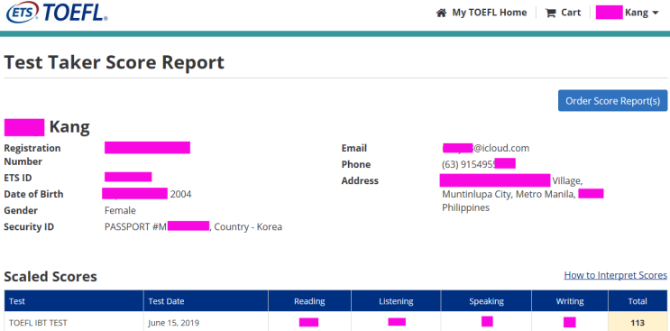  필리핀마닐라알라방홈스테이 라살조벨스쿨 10학년 Kelly의 TOEFL 실력~
