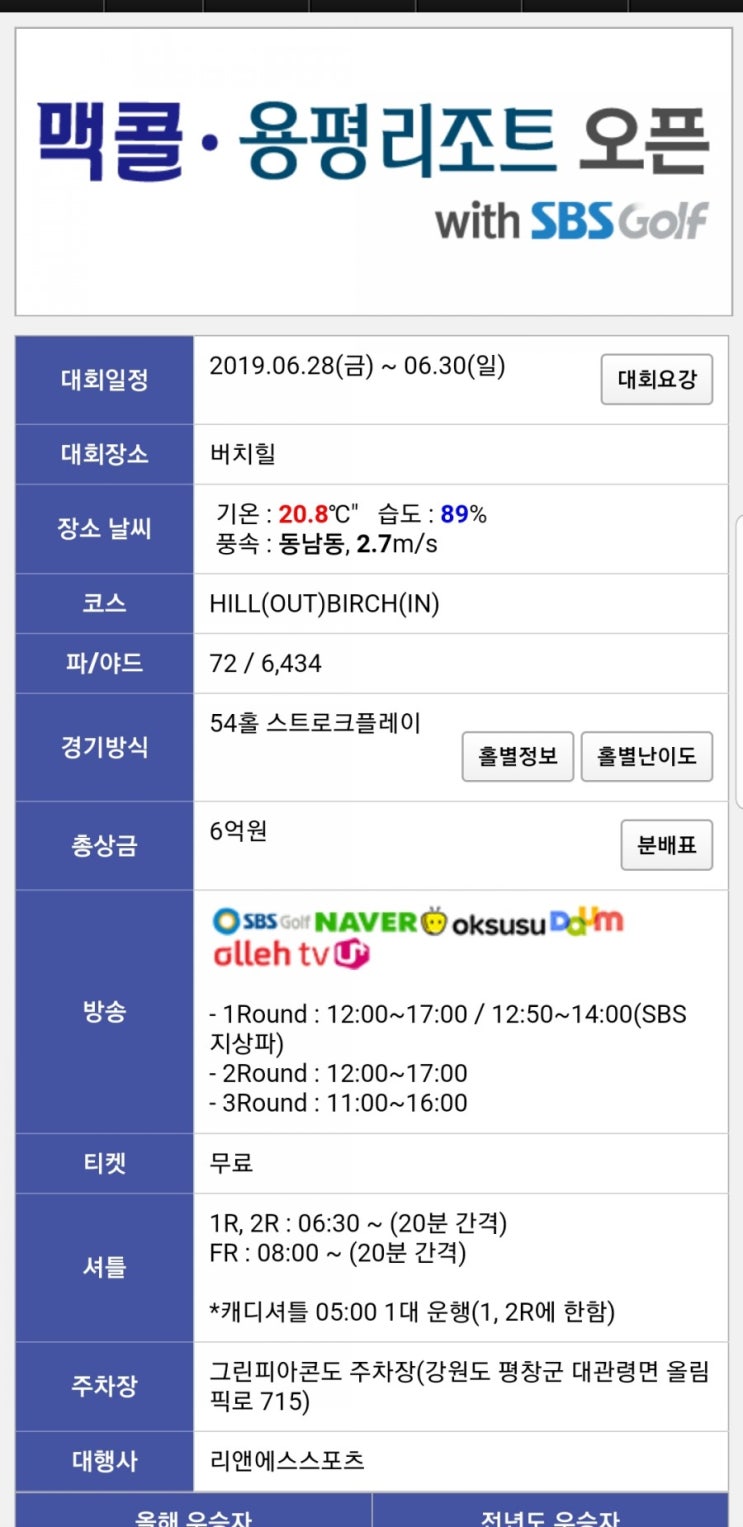  용평 버치힐CC 맥콜용평리조트오픈 우승상금과 중계일정 및 중계방송사는 SBS골프! 박채윤프로 타이틀방어 도전. 조정민, 최혜진프로 다승경쟁 시작!