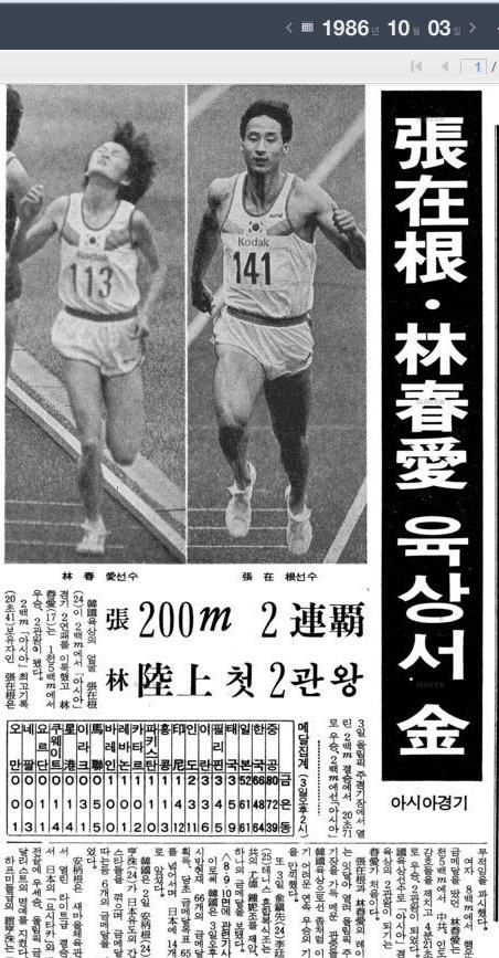  장재근 임춘애 아시안게임 육상에서 금메달,  1986.10.03