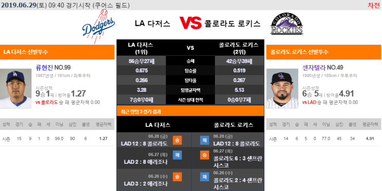  06월29일 콜로라도 LA다저스