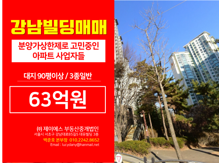  강남빌딩매매 : 신축 수익형 빌딩 / 수익률5%이상 / 대지 90평이상 / 63억원 / 분양가상한제 언급에 사업자들 고민