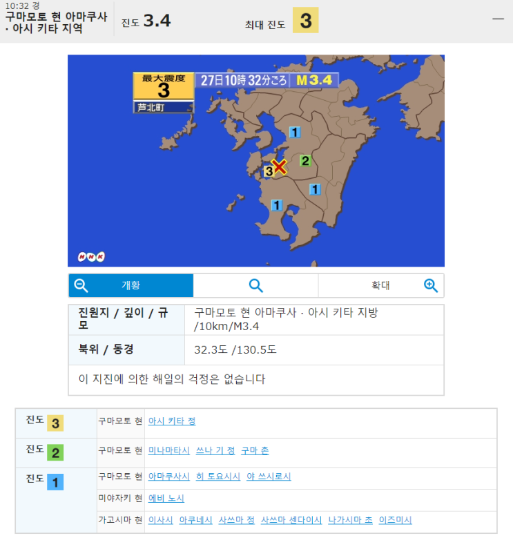 [일본지진 뉴스/소식] 2019년 6월 27일 구마모토 현 규모 3.4 지진