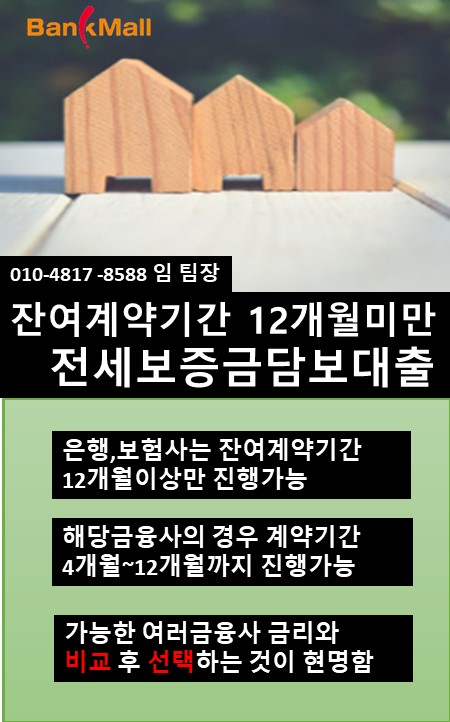  전세 남은계약기간 4개월~12개월 전세보증금담보대출 가능한 금융사 체크
