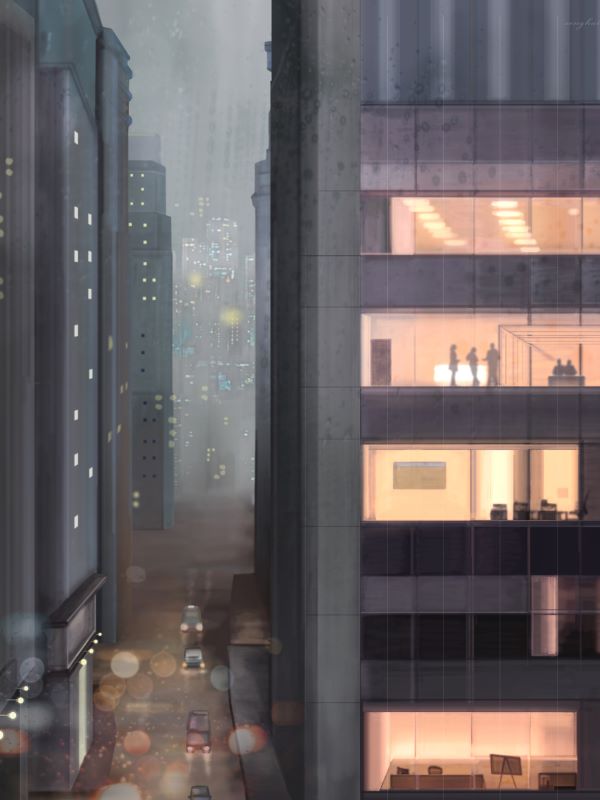 비 내리는 도시 야경 일러스트,몽환적인 감성 디지털 그림