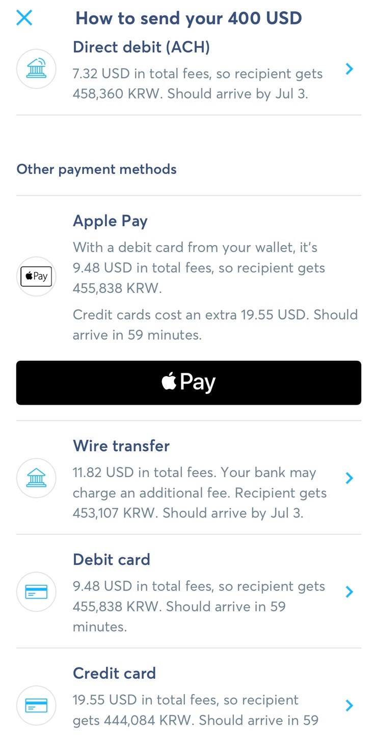트랜스퍼와이즈> Transferwise 미국에서 한국으로 소액 송금하기 – 2019년 10월 – 당일 송금 가능 – Update: 환율 1205원 넘었네요 : 네이버 블로그” style=”width:100%”><figcaption>트랜스퍼와이즈> Transferwise 미국에서 한국으로 소액 송금하기 – 2019년 10월 – 당일 송금 가능 – Update: 환율 1205원 넘었네요 : 네이버 블로그</figcaption></figure>
</div>
<p><p>{“title”:”<트랜스퍼와이즈> Transferwise 미국에서 한국으로 소액 송금하기 – 2019년 10월 – 당일 송금 가능 – update: 환율 1205원 넘었네요”,”source”:”https://blog.naver.com/ythink5/221576713222″,”blogName”:”시애틀에서..”,”blogId”:”ythink5″,”domainIdOrBlogId”:”ythink5″,”logNo”:221576713222,”smartEditorVersion”:4,”outsideDisplay”:false,”cafeDisplay”:true,”meDisplay”:true,”blogDisplay”:true,”lineDisplay”:true}</p>
<p>다음은 돈을 어디서 보낼지 정하면 됩니다. 저 같은 경우는 Bank of America 계좌를 등록 후 Direct debit 옵션을 선택했습니다. 아래 보시면 애플페이, 와이어 트랜스퍼, 데빗카드 또는 신용카드로도 송금이 가능합니다. 단, 수수료의 차이가 있으니 자신에게 맞는 옵션을 선택하시면 됩니다.</p>
</p>
<hr>
<p><p>ë¹ ë¥´ê³ ì ë ´íê² í´ì¸ë¡ ëì ë³´ë¼ ì ìë í´ì¸ì¡ê¸ìë¹ì¤</p>
</p>
<ul>
<li><span>Image source: www.themoin.com</span></li>
<li><span>Views: 21529</span></li>
<li><span>Publish date: 30 minute ago</span></li>
<li><span>Downloads: 12453</span></li>
<li><span>Likes: 2169</span></li>
<li><span>Dislikes: 2</span></li>
</ul>
<div>
<figure><img decoding=