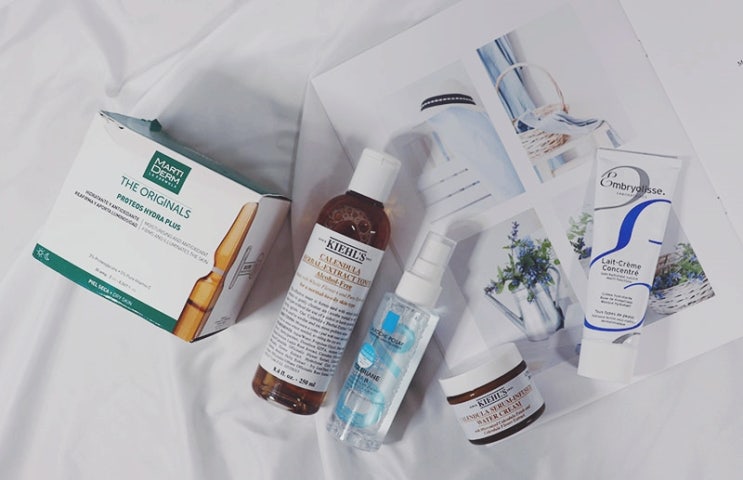 skincare : 마티덤 수분앰플, 키엘 칼렌듈라 워터크림, 엠브리올리스 크림, 라로슈포제 터치리스 워터에센스