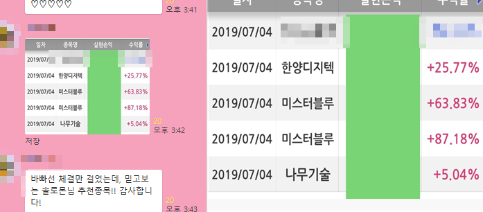  2019년 7월 4일 유료리딩 상승 매매일지 미스터블루 95% 상승!!!, 바이오스마트 17% 상승!!!, 한양디지텍(재매수) 28% 상승!!!, 나무기술 7% 상승!!!