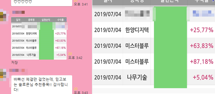 2019년 7월 4일 유료리딩 상승 매매일지 미스터블루 95% 상승!!!, 바이오스마트 17% 상승!!!, 한양디지텍(재매수) 28% 상승!!!, 나무기술 7% 상승!!!