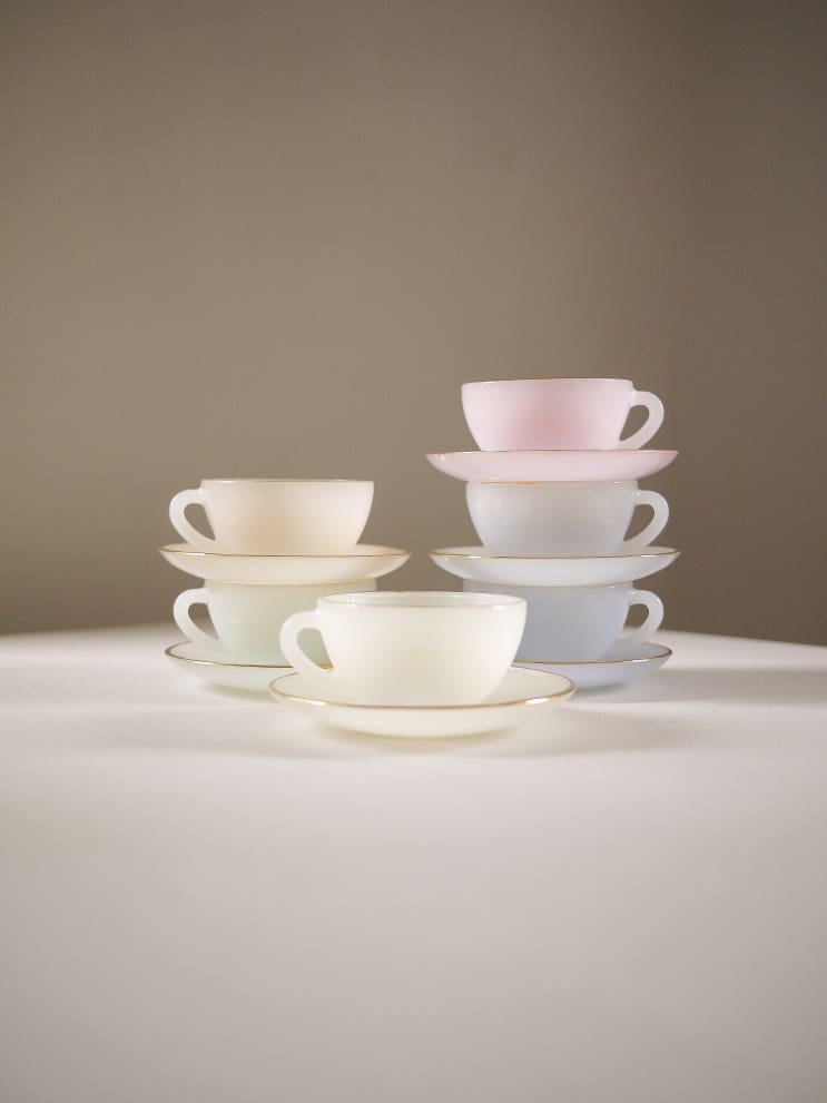  [Sold out] 1960's Set of 6 French 'Arcopal' Opalescent Tea Cup & Saucer. 프랑스 아코팔 오팔레슨트 찻잔. 밀크 글라스.