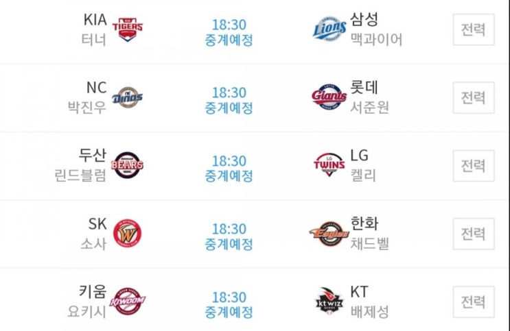 2019.07.09 KBO(프로야구) (LG 두산 | KT 키움 | 한화 SK | 삼성 KIA[기아] | 롯데 NC)