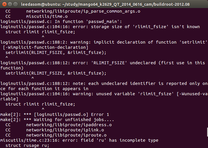  [ embedded ] buildroot build error ('rlimit_fsize' size , 'RLIMIT_FSIZE' undeclared, 'ru' incomplete type)