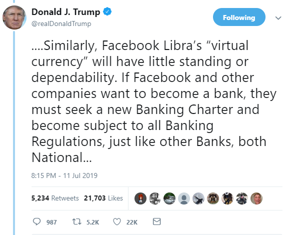 트럼프 미대통령, 가상통화 비트코인과 페이스북 리브라 비판