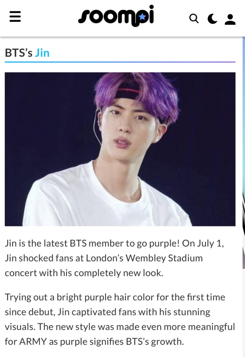 방탄소년단 진] 191307 Jin Listed as Idol Who Looks Bewitching With His Purple Hair  💜 : 네이버 블로그