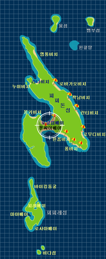  푸켓 피피섬 지도 / 주요 해변 / 여섯 개의 섬(피피 돈, 피피 레, 비다 녹, 비다 나이, 마이파이, 융)