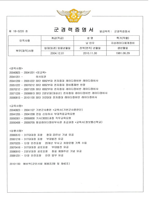 군 경력 증명서 공군 레이더 부사관/ 남인우 교수