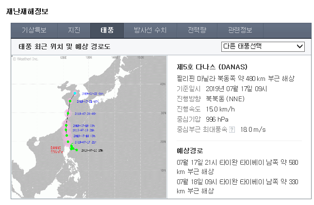  태풍 다나스 우리나라 북상중?