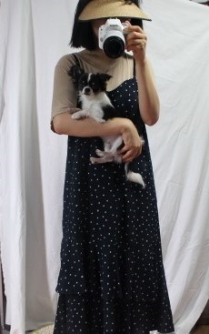  [강아지산책][데일리룩] 로엠 땡땡이 원피스 , 시크릿라벨 데일리V넥 티셔츠 코디룩