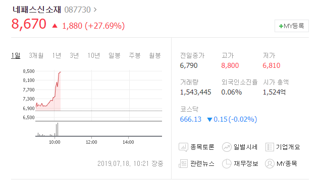  오늘의 급등주 네패스신소재 상한가 갈 수 있을까