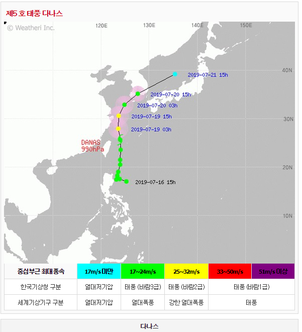  토요일 다나스 태풍 경로 유동적이라고 하네요