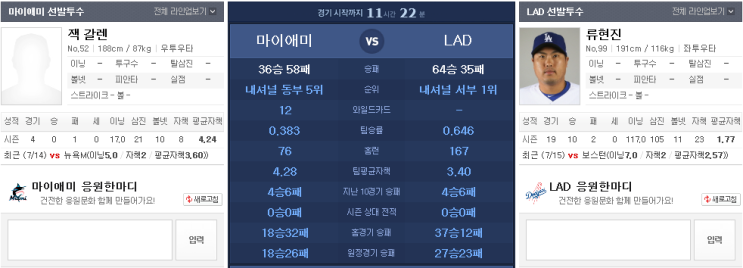  류현진 중계, 마이애미 상대 시즌 11승 재도전