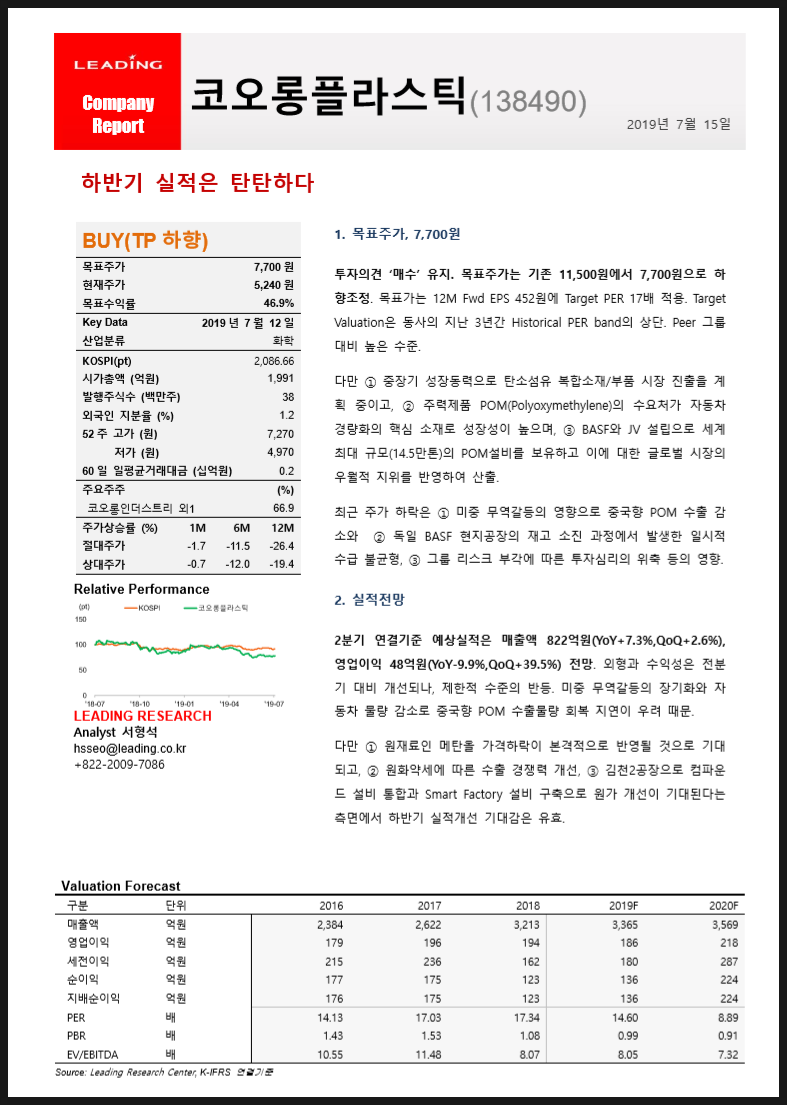 코오롱플라스틱 [138490] 기업 분석 리포트 :: 하반기 실적은 탄탄하다 : 네이버 블로그
