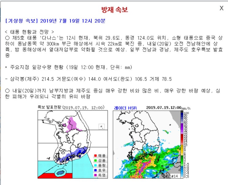  제 5호 태풍 다나스 (DANAS) 진행현황, 예상경로 , 이동경로::남해 호우특보, 남해 현재상황