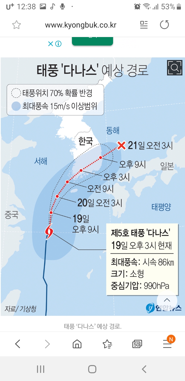 태풍 다나스경로:한.미.일전망