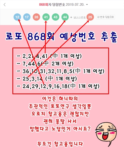  로또 868회 예상번호 추출결과(5등 당첨)