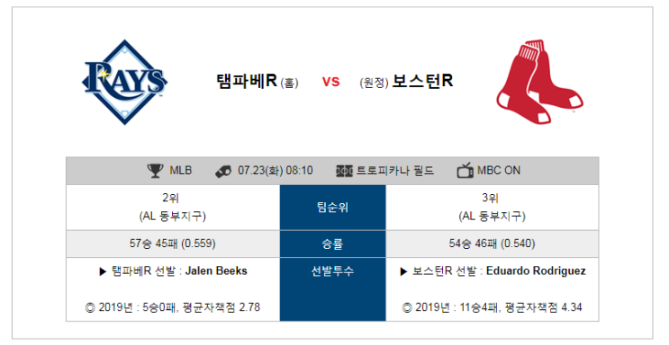  [MLB]  7월23일  08시10분  템파베이vs보스턴  템파베이  보스턴
