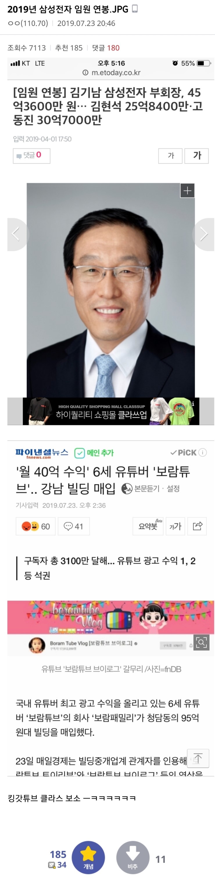  삼성 임원 연봉과 보람튜브 연봉을 본 야갤러의 드립