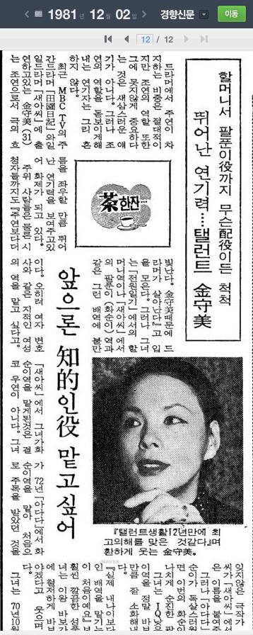  할머니서 팔푼이역까지 무슨 배역이든 척척, 탤런트 김수미, 1981.12.02