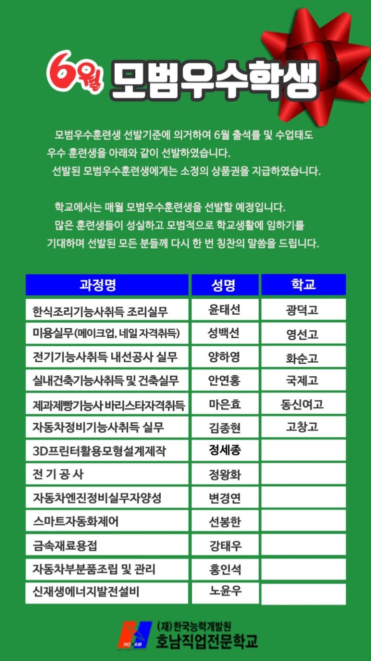  호남직업전문학교 6월 모범우수학생 시상
