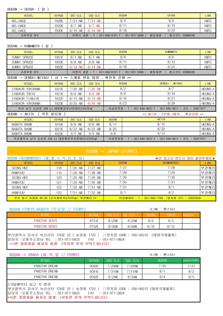  (A-ONE LOGISTICS) 2019년 31주차 (7월 29일) 선적 스케줄