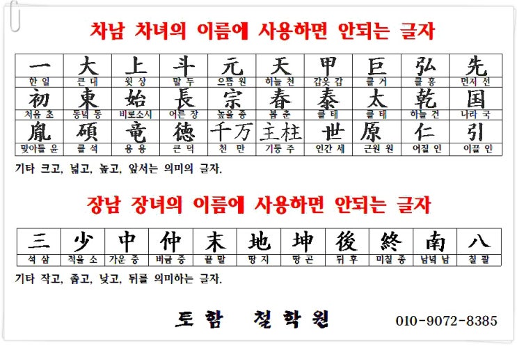  이름에 사용하면 안되는 글자 / 내이름의 한자획수로 알아보는 나의 운명