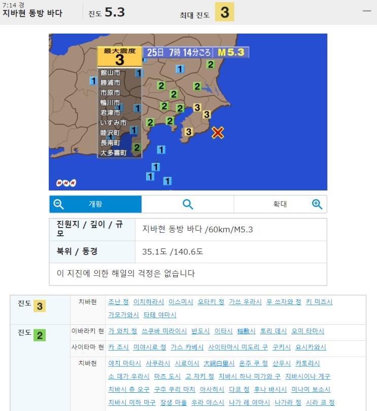  [일본지진 뉴스/소식] 2019년 7월 25일 치바현 동방 바다 규모 5.3 지진