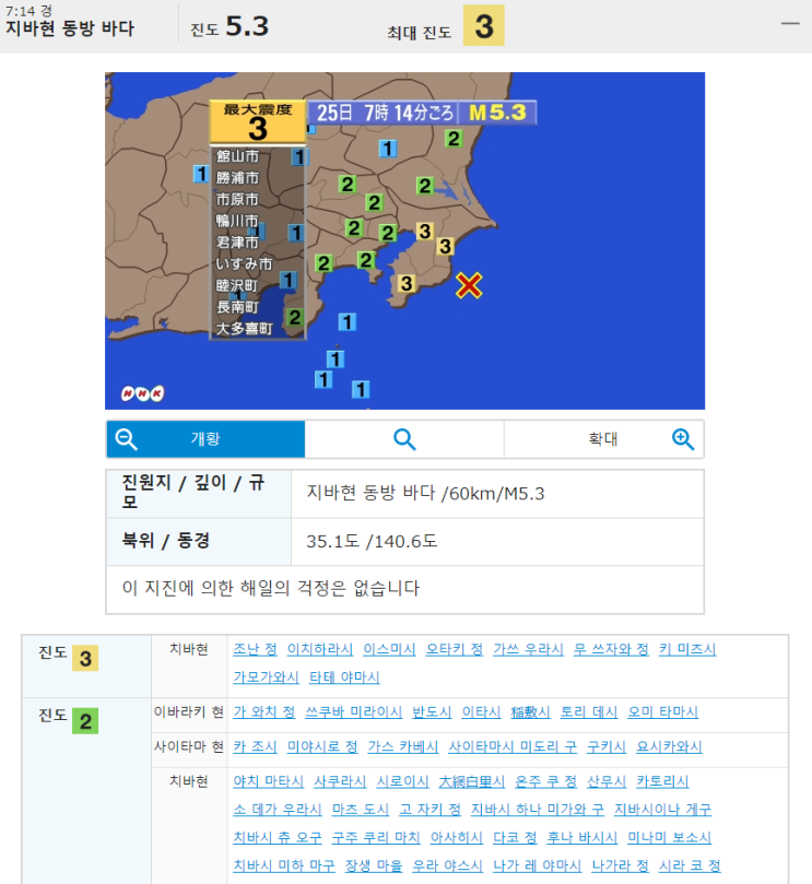 [일본지진 뉴스/소식] 2019년 7월 25일 치바현 동방 바다 규모 5.3 지진