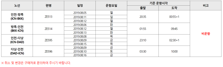  [이스타항공] '[국제선] 인천-방콕(ICN-BKK), 인천-다낭(ICN-DAD) 비운항 안내 (2019.08.05~2019.08.15) ' 공지