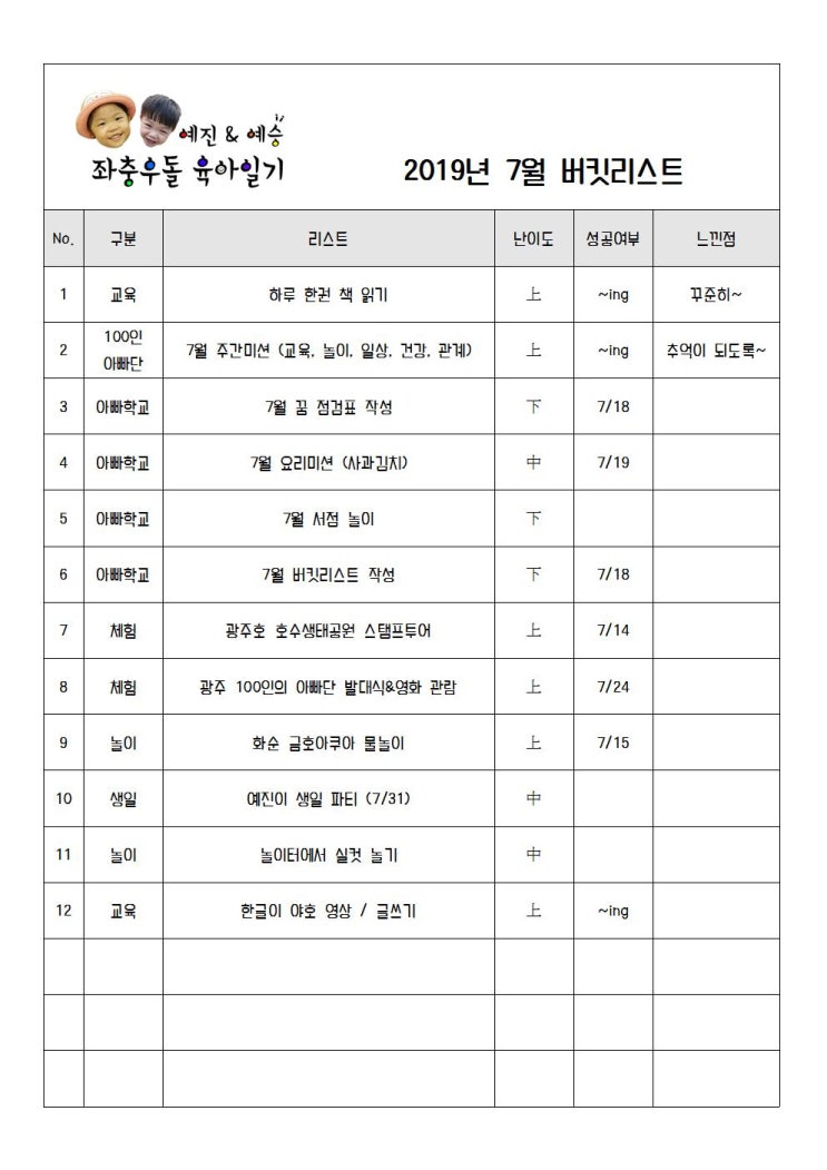  예진이네 7월 버킷리스트 중간점검