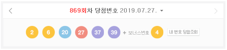  7월27일로또당첨번호/869회로또당첨번호/이번주 1등은 10명~! 1등 당첨금이 약 20억원정도 된다고하네요~