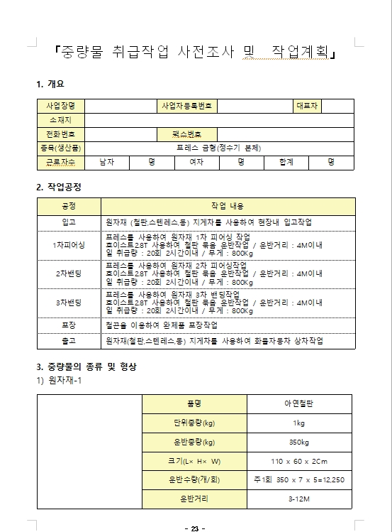  중량물취급 작업계획서 작성방법